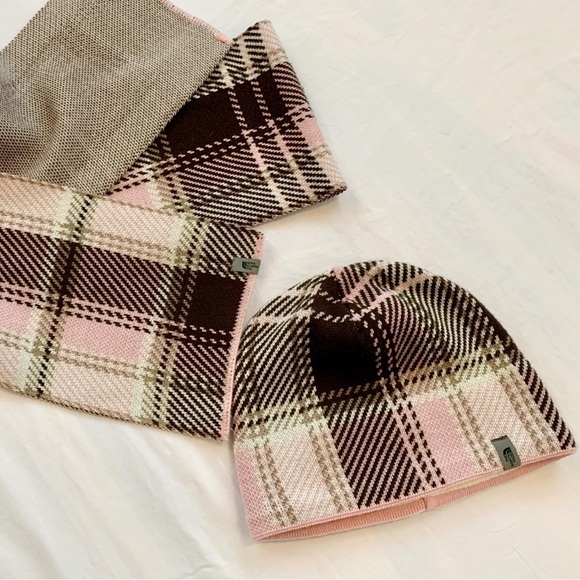 The North Face knitted beanie scarf One size Big girls plaid design pink & tan - Picture 3 of 15